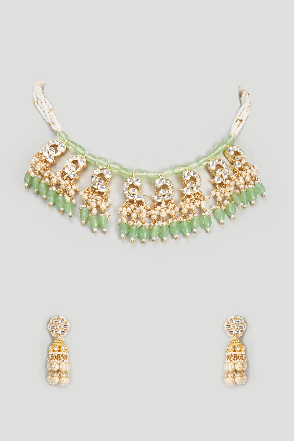 Gold Finish Kundan Polki & Pearl Necklace Set