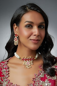 Gold Finish Kundan Polki & Red Stone Choker Necklace Set