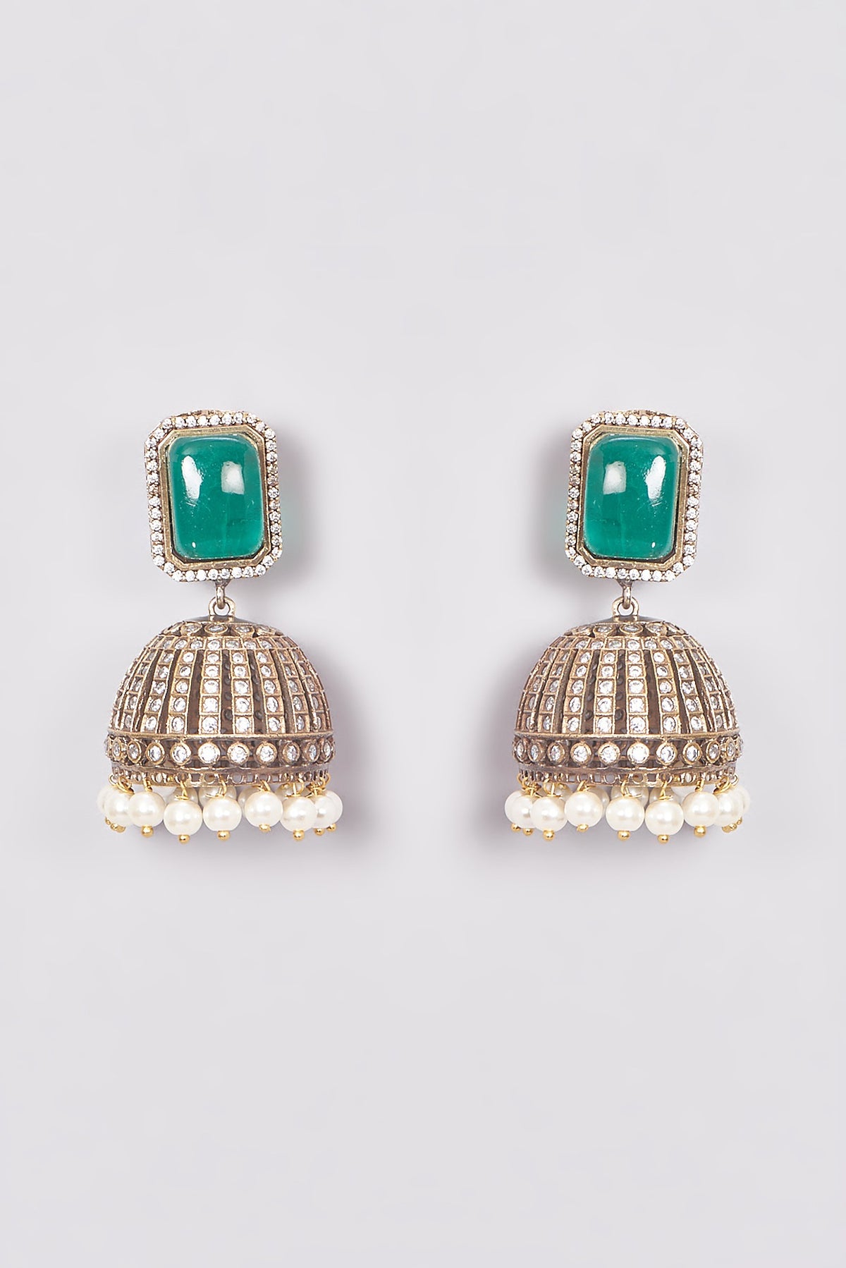 Black Rhodium Finish Kundan Polki & Green Synthetic Stone Jhumka Earrings