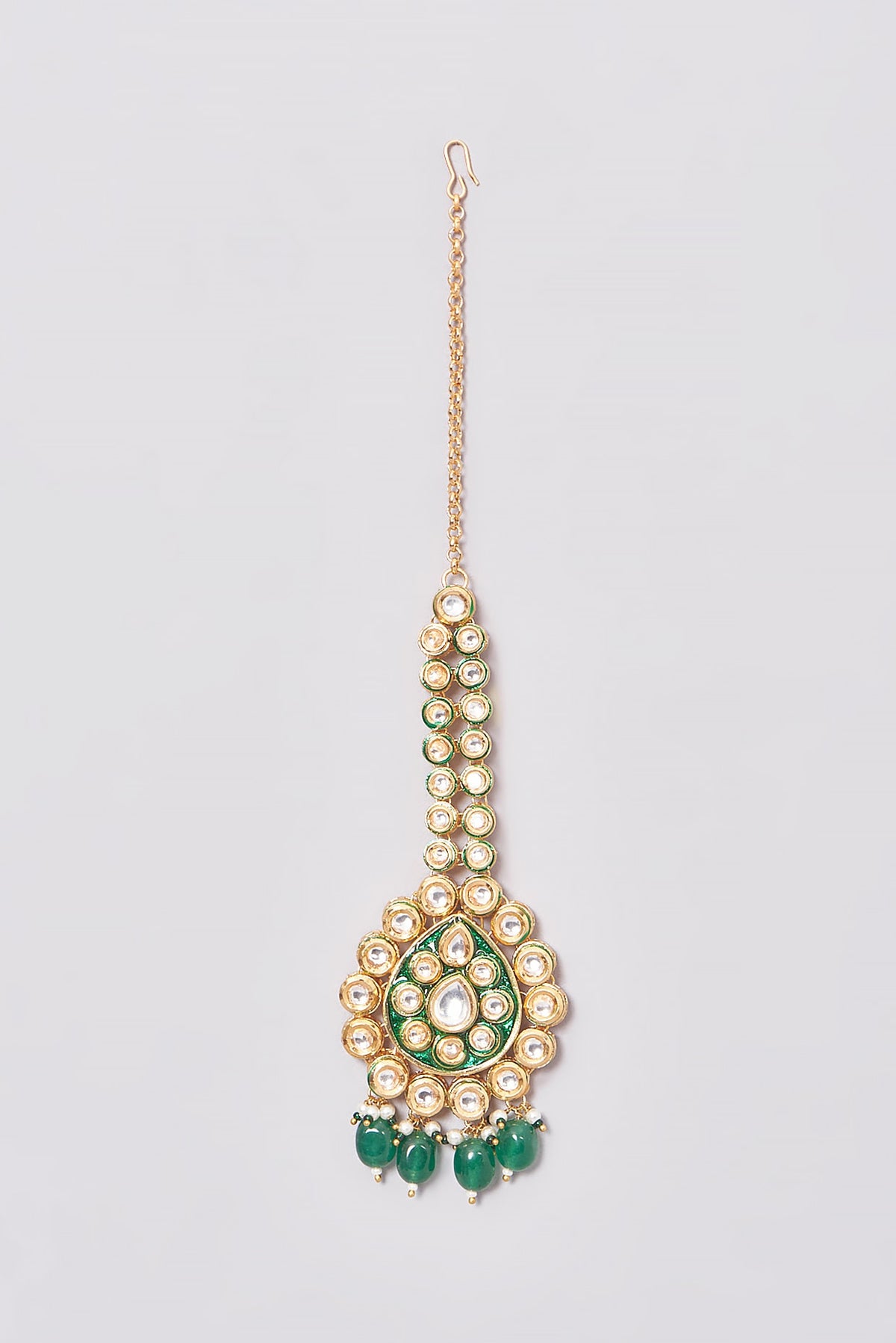 Gold Finish Kundan Polki & Green Beaded Necklace Set
