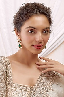 Gold Finish Kundan Polki & Green Stone Dangler Earrings