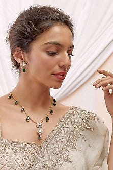 Gold Finish Kundan Polki & Emerald Long Necklace Set