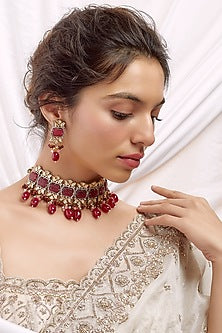 Gold Finish Kundan Polki & Red Beaded Choker Necklace Set