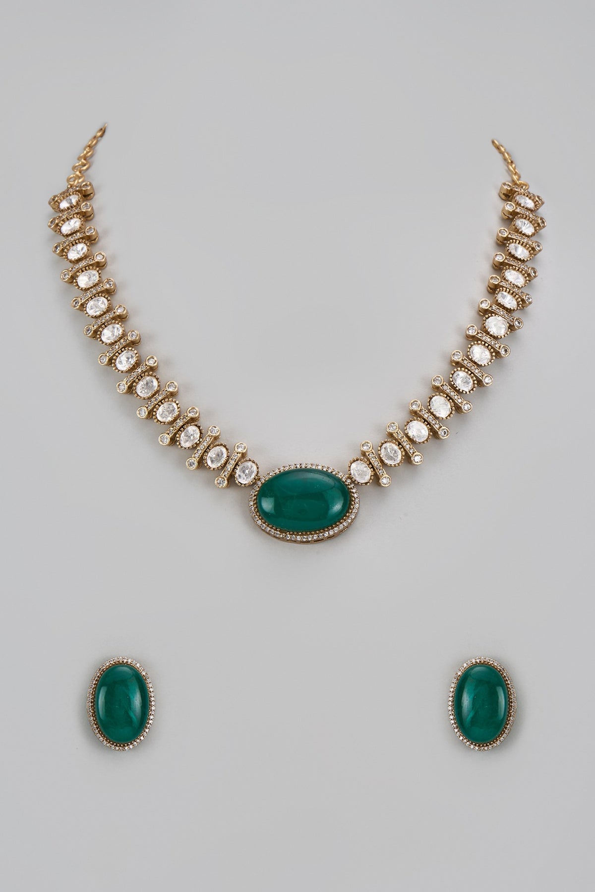 Gold Finish Kundan Polki & Green Stone Necklace Set