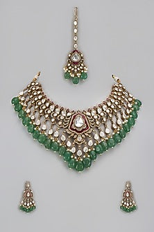 Gold Finish Kundan Polki & Green Stone Necklace Set