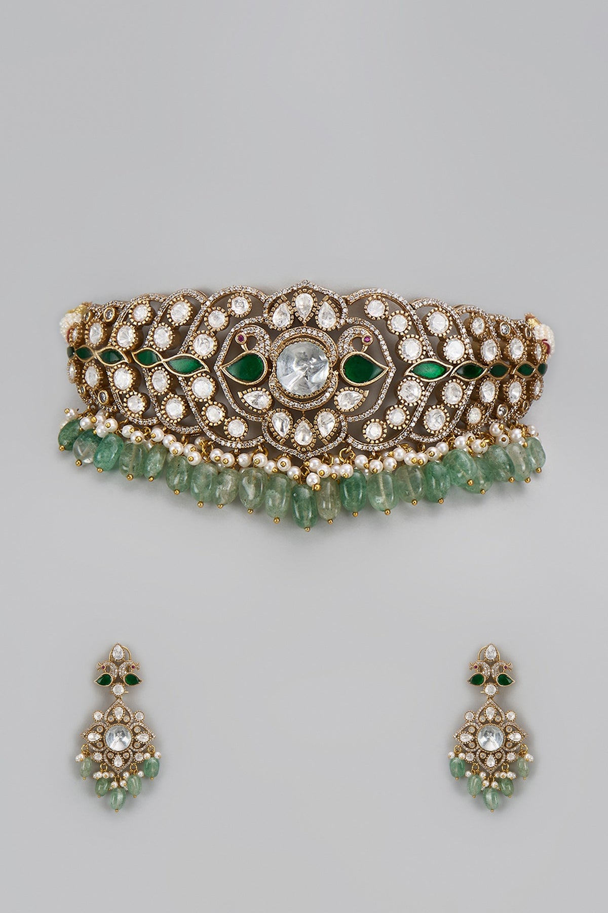 Gold Finish Kundan Polki & Green Stone Choker Necklace Set