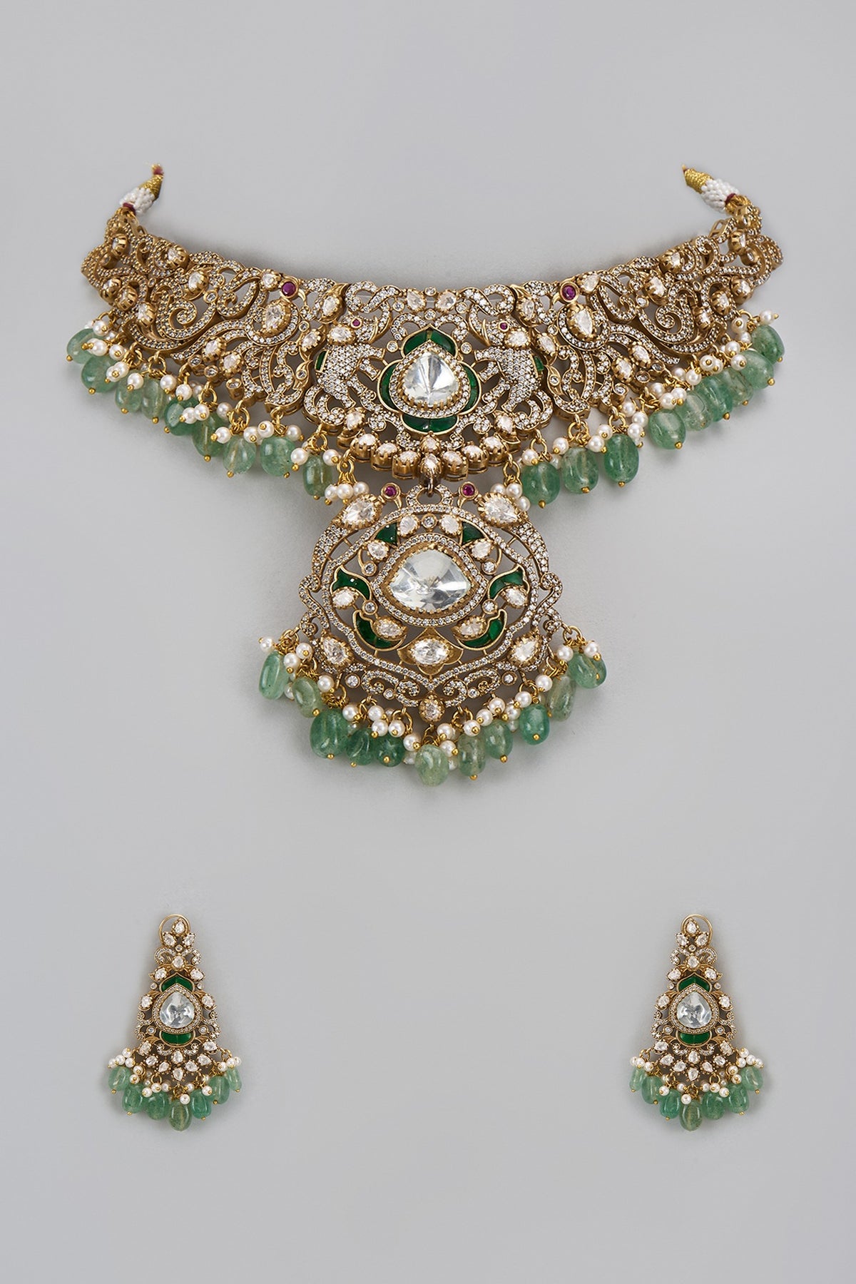 Gold Finish Kundan Polki & Green Stone Choker Necklace Set