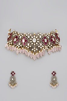 Gold Finish Kundan Polki & Red Stone Choker Necklace Set