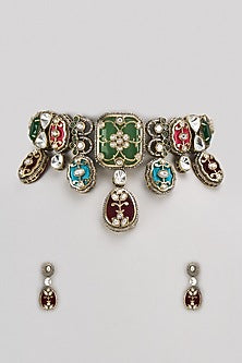 Gold Finish Kundan Polki & Multi-Colored Stone Choker Necklace Set