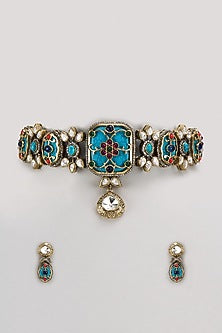 Gold Finish Kundan Polki & Multi-Colored Stone Choker Necklace Set