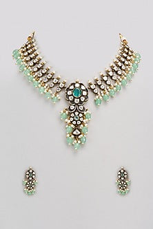 Gold Finish Kundan Polki & Green Stone Necklace Set