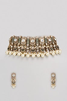 Gold Finish Kundan Polki Choker Necklace Set