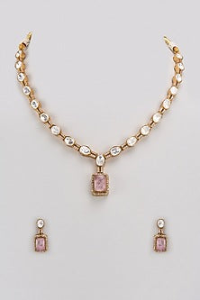 Gold Finish Kundan Polki & Pink Stone Long Necklace Set