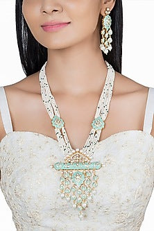 Gold Finish Kundan Polki & Faux Pearl Enameled Long Necklace Set
