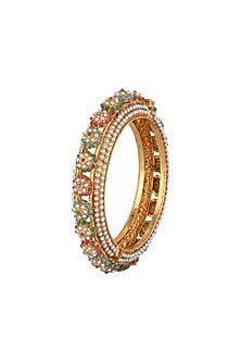 Gold Finish Faux Pearl & Multi-Colored Stone Openable Bangles (Set of 2)