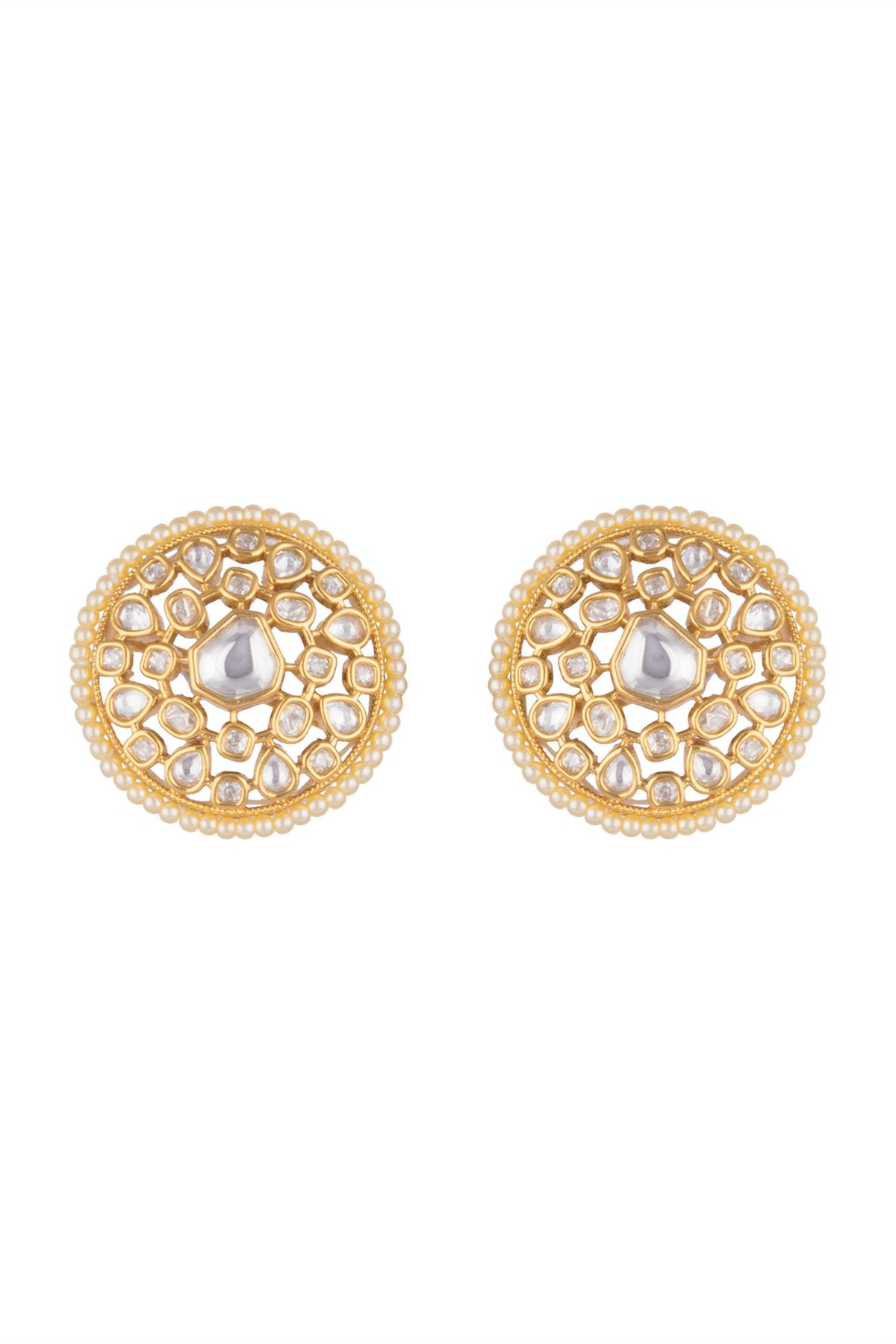 Gold Finish Faux Pearl & Kundan Polki Stud Earrings