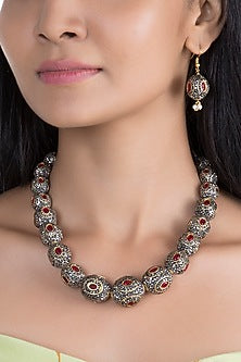 Gold Finish Red & Black Stone Mala Set