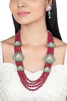 Gold Finish Faux Kundan Polki & Red Beaded Long Necklace Set