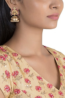 Gold Finish Pink Stone Jhumka Earrings