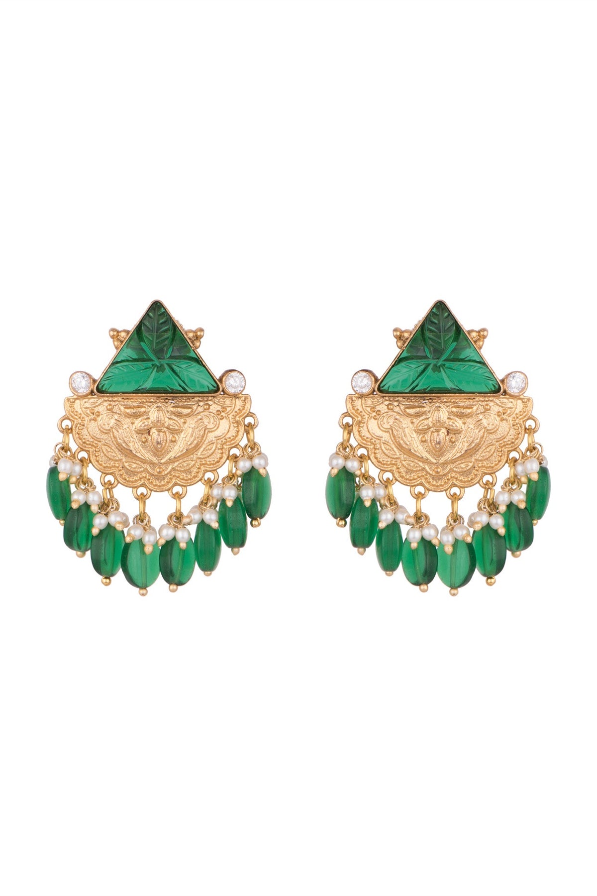 Gold Finish Green Stone & Pearl Drop Earrings
