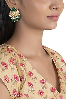 Gold Finish Green Stone & Pearl Drop Earrings
