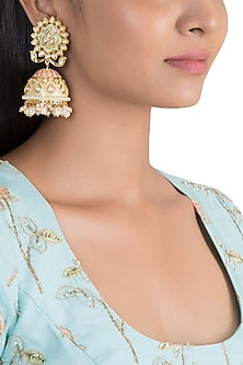 Gold Finish Faux Pearl & Kundan Polki Enameled Jhumka Earrings
