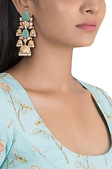 Gold Finish Blue Stone & Kundan Polki Jhumka Earrings