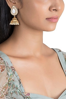Gold Finish Kundan Polki & White Stone Jhumka Earrings