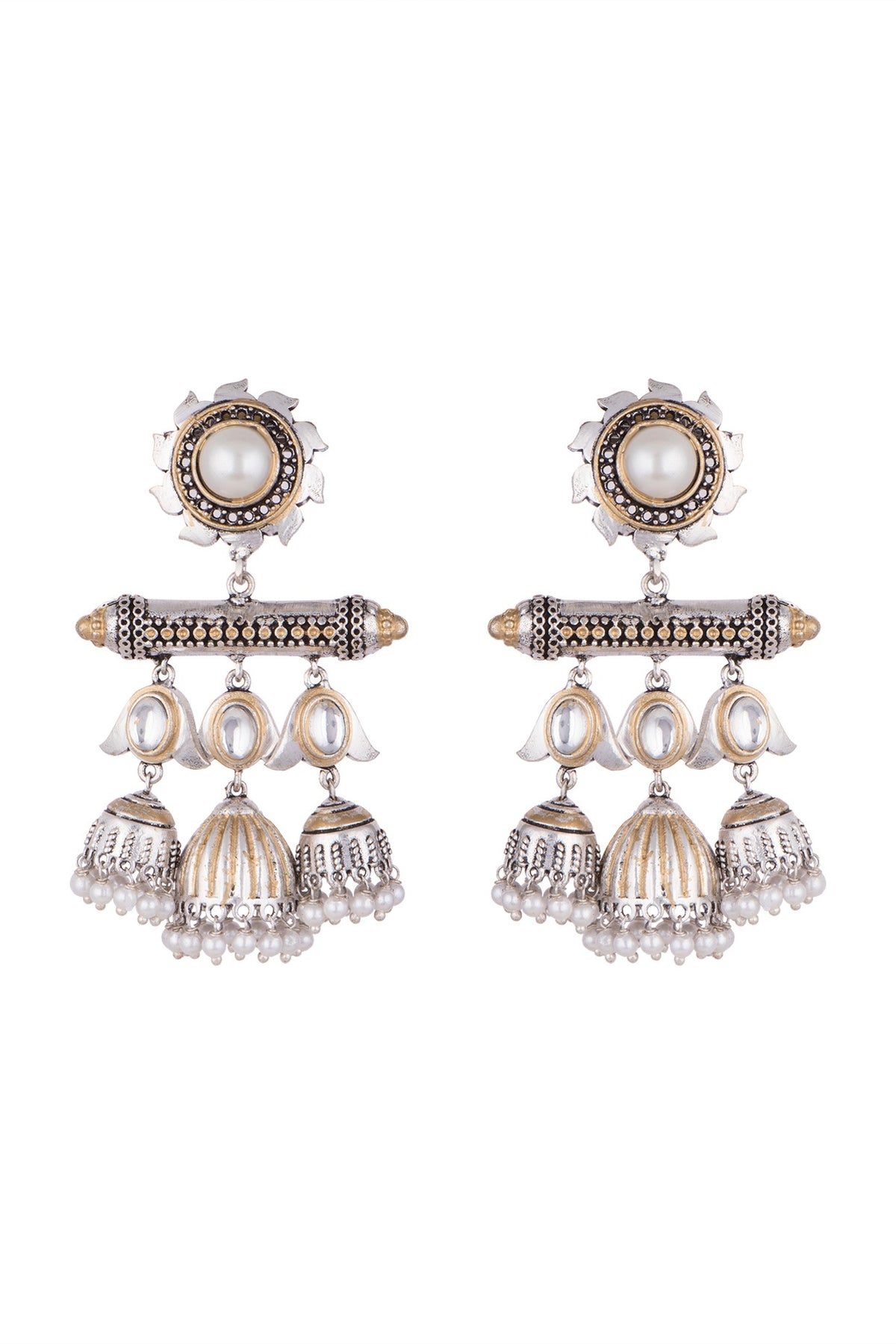 White Finish Faux Pearl & Kundan Polki Jhumka Earrings