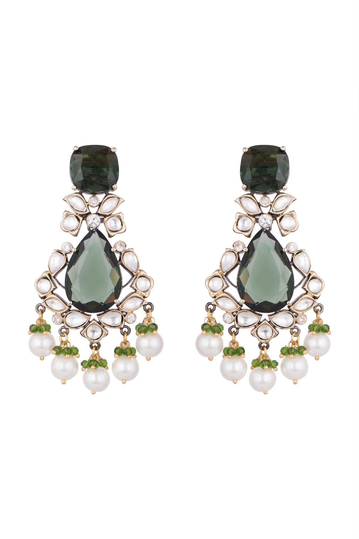 Gold Finish Green Stone & Kundan Polki Earrings