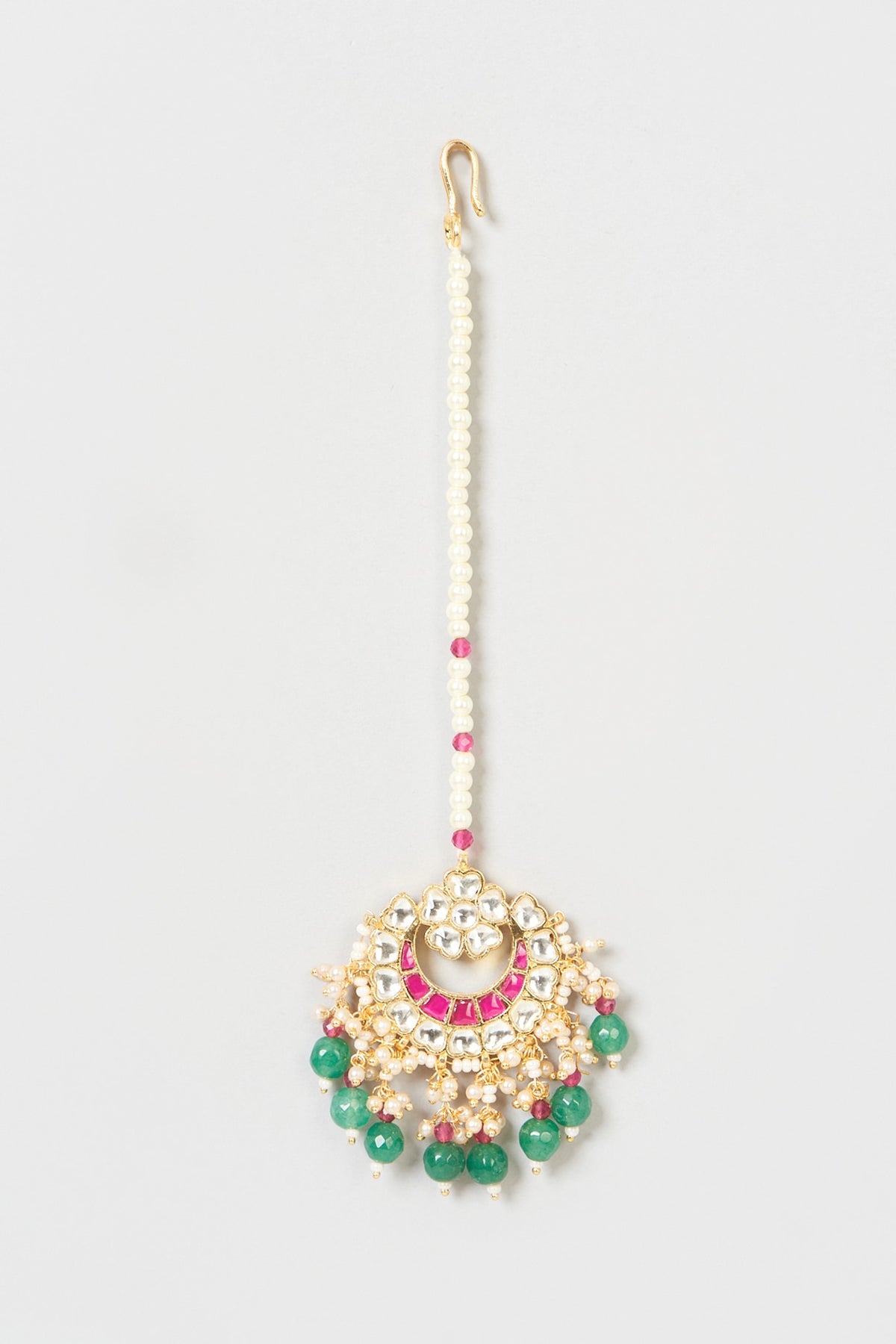 Gold Finish Kundan Polki & Green Stone Maang Tikka