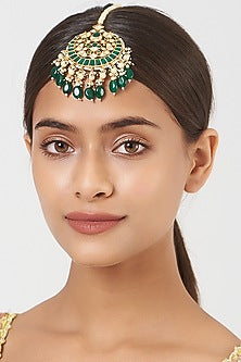 Gold Finish Kundan Polki & Green Stone Maang Tikka