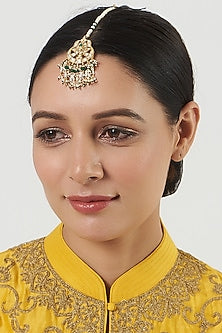 Gold Finish Kundan Polki & Green Stone Maang Tikka