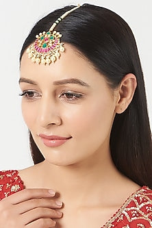 Gold Finish Kundan Polki & Pearl Maang Tikka
