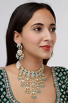 Gold Finish Kundan Polki & Aqua Drop Choker Necklace Set