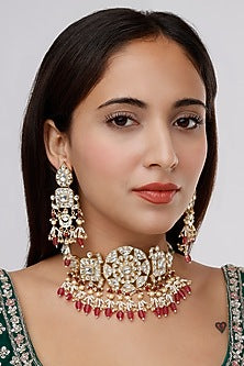 Gold Finish Kundan Polki & Red Drop Choker Necklace Set
