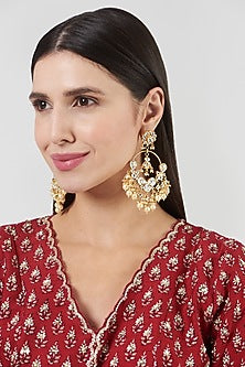 Gold Finish Pachi Kundan Polki & Pearl Chandbali Earrings