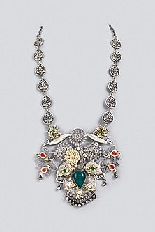 Oxidized Finish Kundan Polki & Synthetic Stone Long Necklace
