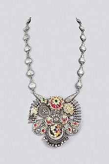 Oxidized Finish Kundan Polki & Synthetic Stone Long Necklace