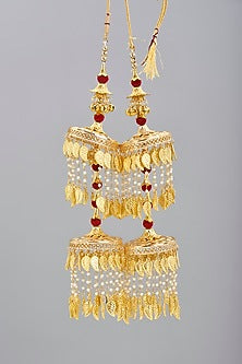 Gold Finish Pearl & Red Beaded Kaleeras (Set of 2)