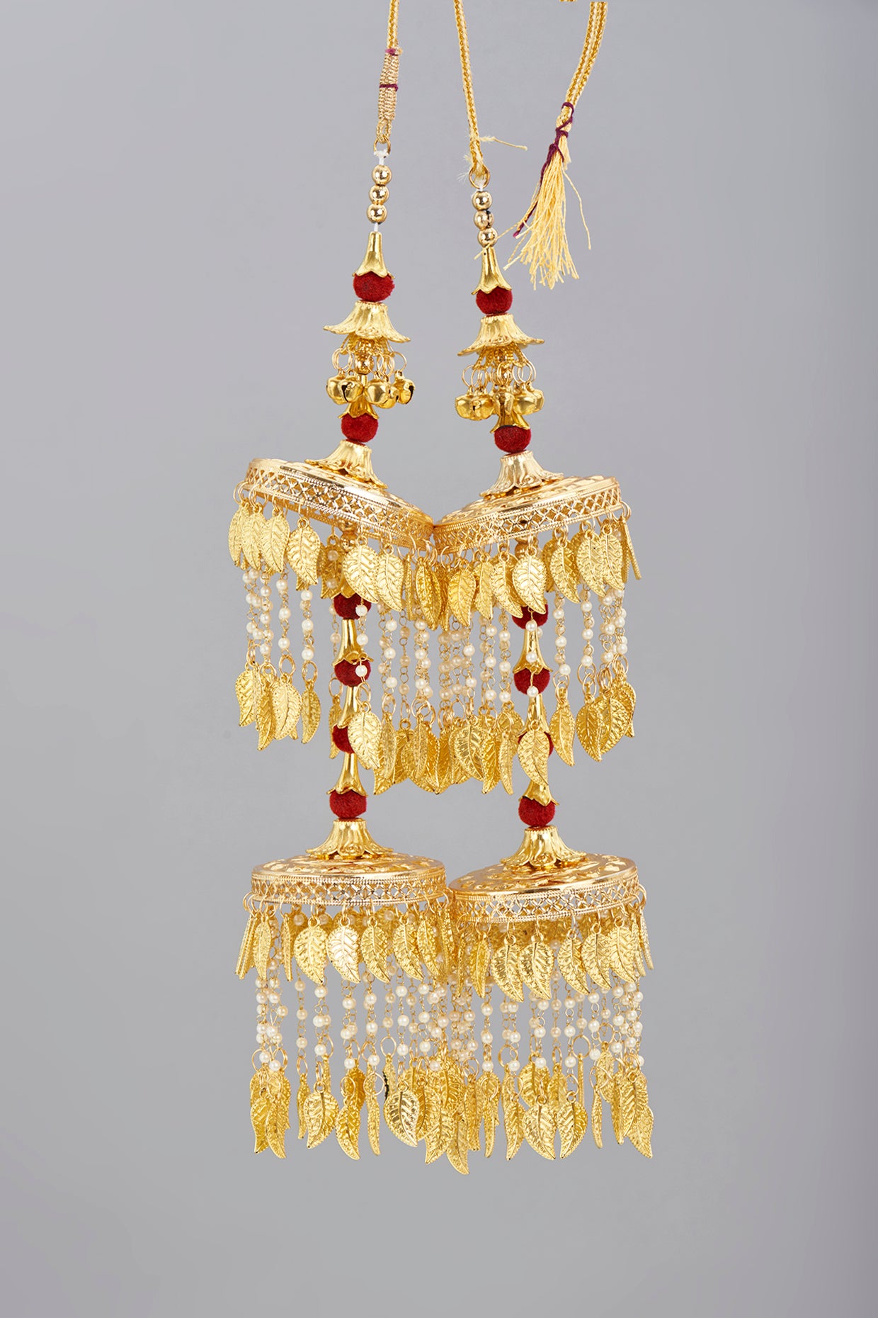 Gold Finish Pearl & Red Beaded Kaleeras (Set of 2)