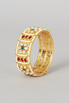Gold Finish Kundan Polki & Multi-Colored Stone Bangles (Set Of 2)
