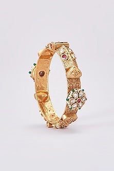 Gold Finish Kundan Polki Temple Bangles (Set Of 2)