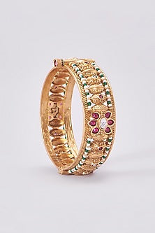 Gold Finish Kundan Polki Temple Bangles (Set Of 2)