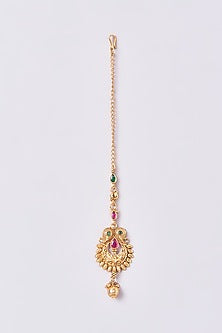 Gold Finish Kundan Polki & Multi-Colored Stone Maangtikka