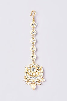 Gold Finish Kundan Polki & Pearl Maang Tikka