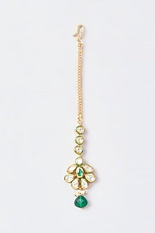 Gold Finish Kundan Polki & Green Beaded Maangtikka