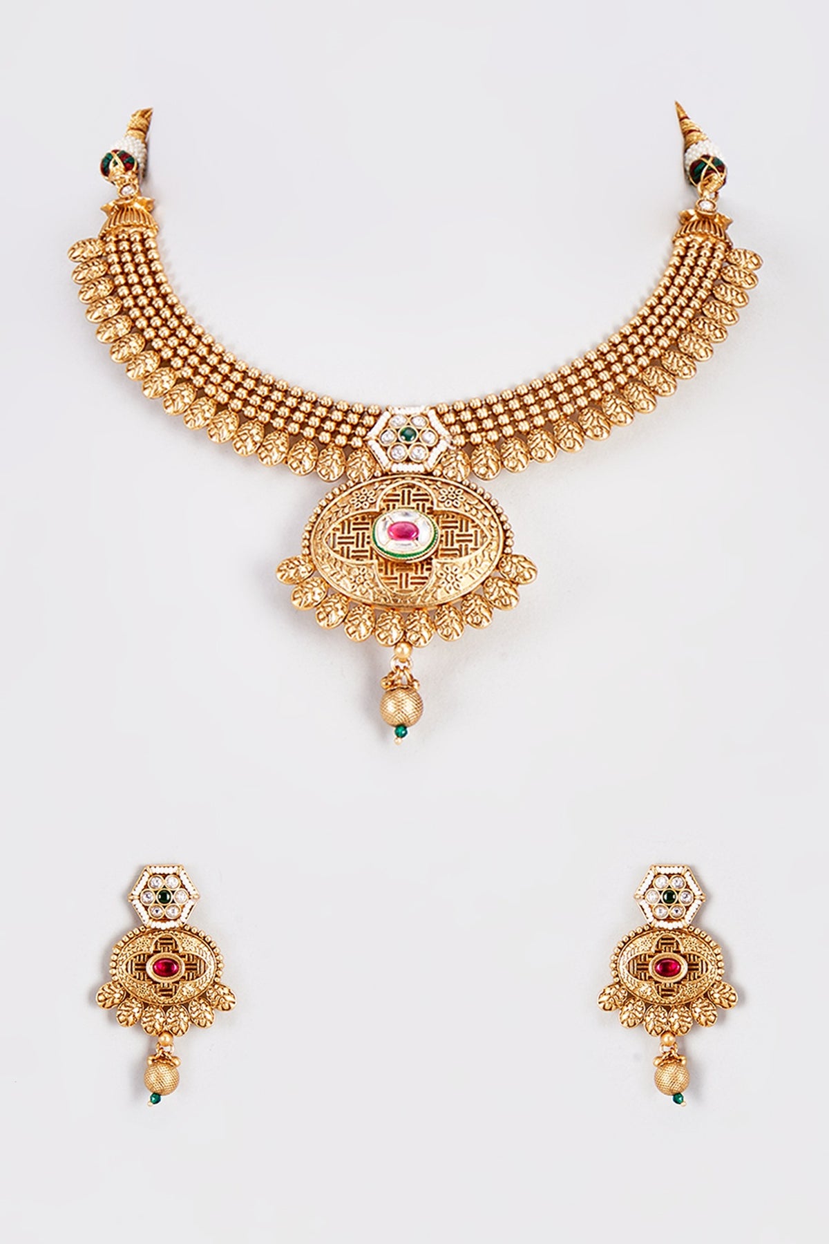 Gold Finish Kundan Polki Temple Necklace Set With Multi-Colored Stones