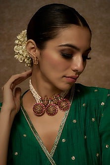 Gold Finish Kundan Polki Temple Necklace Set