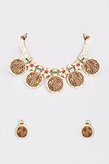 Gold Finish Multi-Colored Stone Temple Necklace Set